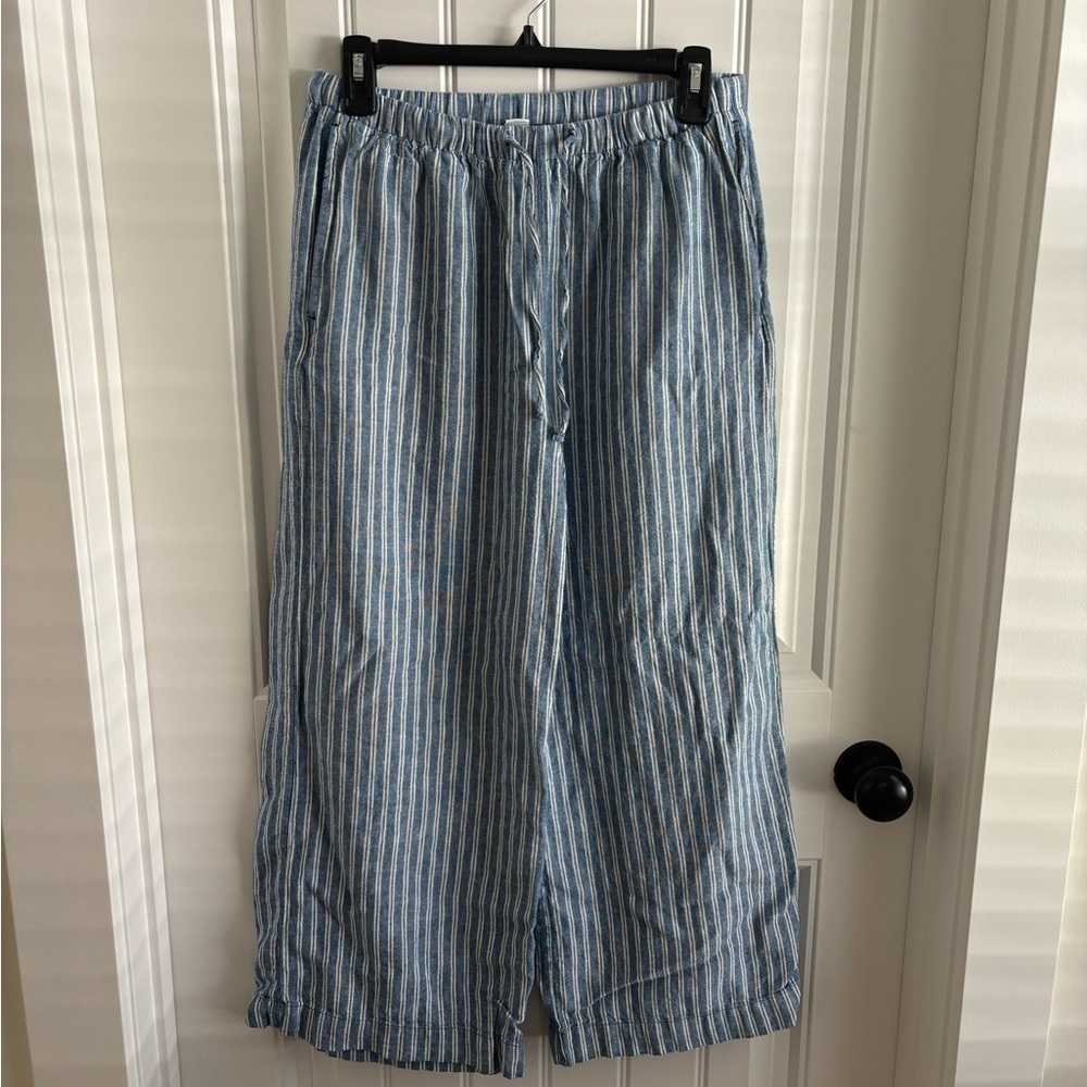 Striped Blue and White Linen Wide Leg Pants